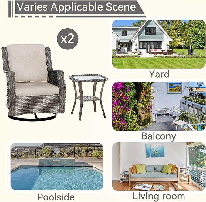Patio Bistro Set 3 Pieces - Outdoor Swivel Rocker Patio Chair Set of 2 with Matching Tempered Glass Side Table, Cushion Included(Mixed Grey/Beige)