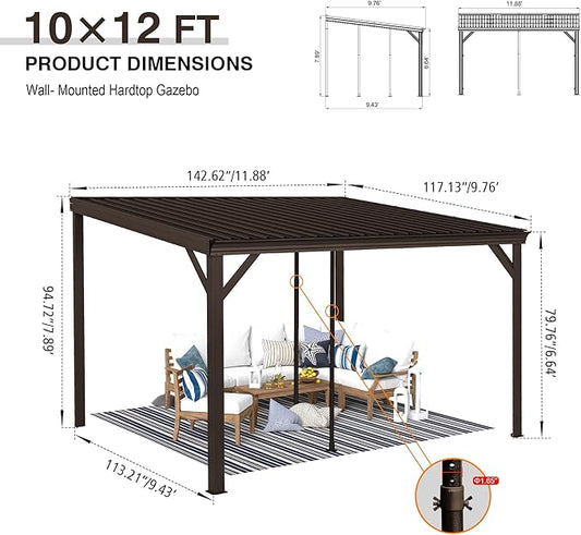 Domi 10'x12' Wall Mounted Hardtop Gazebo, Connectable Lean to Pergola with Gutters & Galvanized Steel Roof, 60MPH Wind Resistance, Outdoor Heavy Duty Metal Awning for Patio, Deck, Backyard - Brown