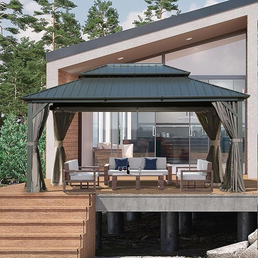 Domi 10' x 14' Hardtop Gazebo Permanent Metal Gazebo with Galvanized Steel Double Roof, Curtains and Netting for Outdoor Dining, Party, Patio, Backyard, Grey