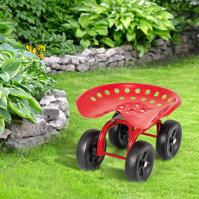 Rolling Garden Seat, Garden Cart with 360° Swivel Work Seat & Adjustable Height, Heavy Duty Garden Seat with Wheels for Lawn Yard Patio Greenhouse Planting Cleaning (Red)