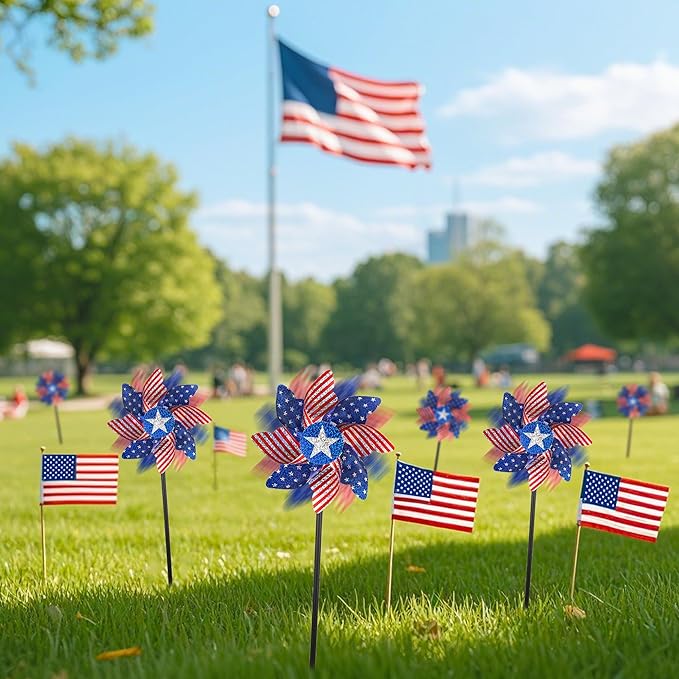 winemana 12 Pack 4th of July Patriotic Pinwheels for Yard & Garden – Reflective American Flag Wind Spinners, Outdoor Bird Deterrents Decorations for Independence Day & Memorial Day (Red White Blue)