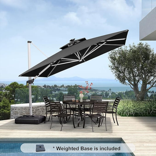 PURPLE LEAF 11 Feet Solar Powered LED Square Cantilever Umbrella With Base Patio Umbrellas Windproof Hanging Umbrella Outdoor Offset Umbrellas, Black