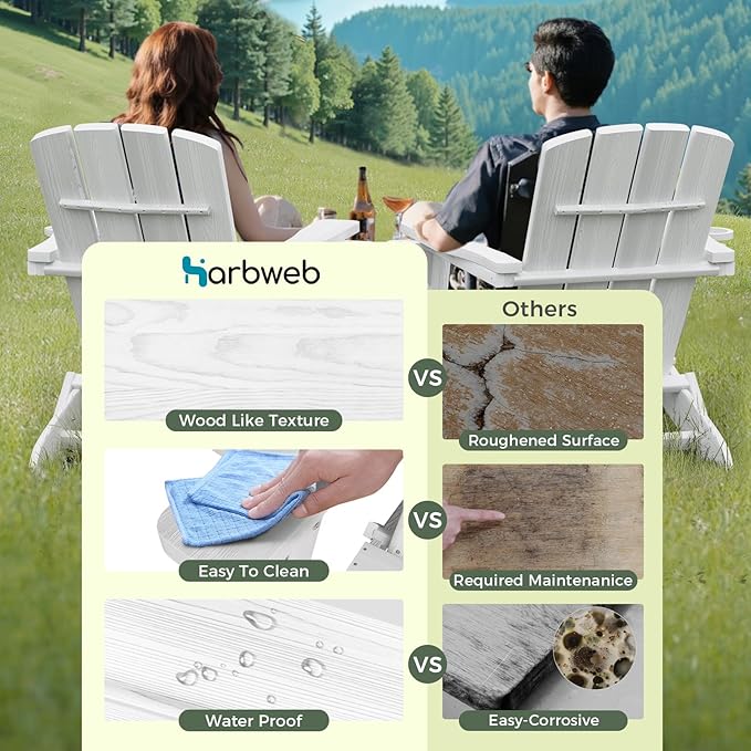 Folding Adirondack Chair Wood Texture 4 Pack, HDPE All-Weather Fire Pit Chairs, Plastic Adirondack Chairs with 2 Cup Holder, Outdoor Lawn Chair for Patio Garden (White)