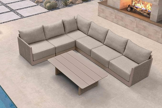 PURPLE LEAF Patio Furniture Set 7 Pieces Outdoor Conversation Sets PP Rope Patio Sofa with Cushions and Table Manual Weaving Deep Seating Furniture for Porch Lawn Backyard Beige