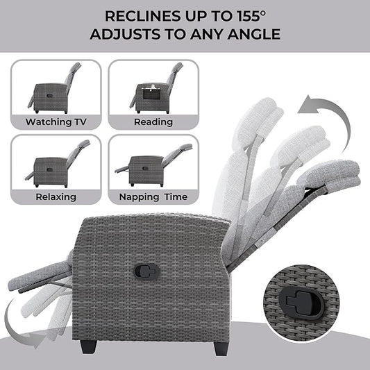 Indoor Outdoor Wicker Recliner Chair with Flip-Up Table Air Pump 155° Lay Flat, Adjustable Wicker Lounge Recliner Chair with Independently Backrest and Footrest Set of 2
