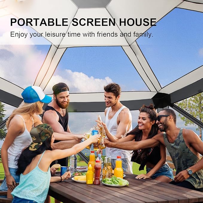 COBlZl Pop Up Gazebo 12x12 Screen House Tent for Camping, Outdoor Instant Stargazing Gazebo Canopy with Awning 2.0, Portable Hub Tent with Removable Sidewalls,Pavilion for Backyard,Gray