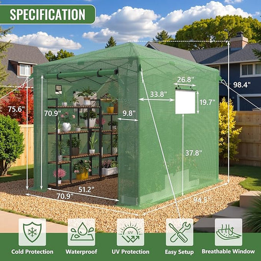 8X6 FT Pop Up Greenhouse,Greenhouse for Outdoors, Portable Walk-in Greenhouses with Roll-Up Zipper Door, PE Cover Greenhouses for Garden and Backyard, Easy Setup