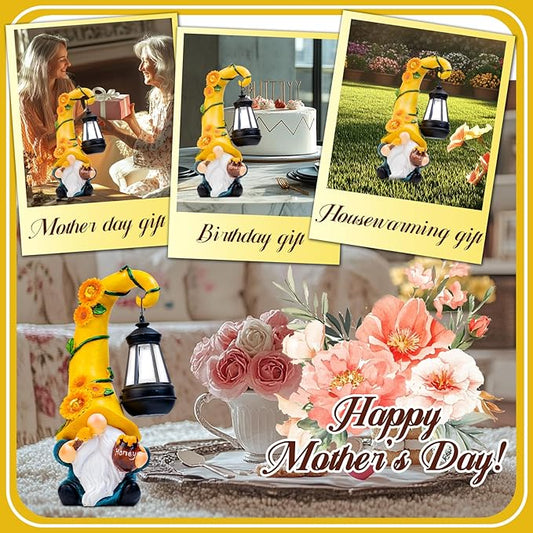 Birthday Gifts for Mom Grandma Woman 12" Solar Sunflower Gnome Garden Statues Honey Bee Jar Decor with LED Lantern Outdoor Gnomes Decorations Patio Yard Balcony Art