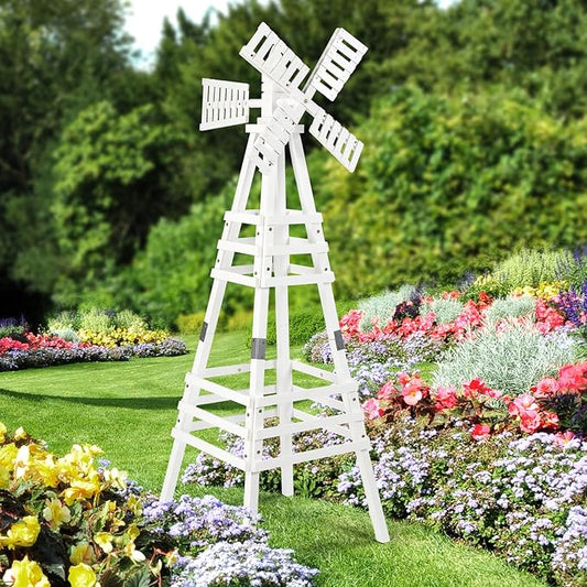 Wooden Windmill, Weather-Proof Wind Spinner, Outdoor Wind Mill for Garden Lawn Patio Decoration (White, Medium)