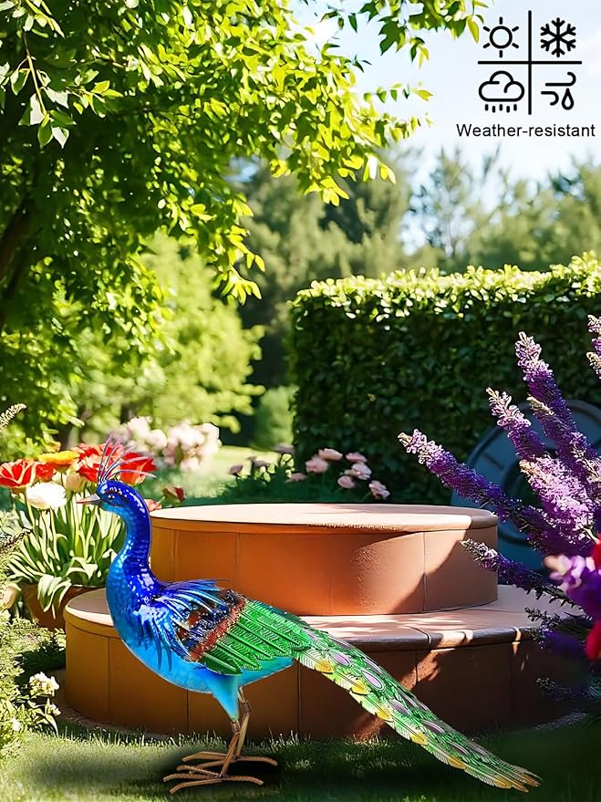 YEAHOME Garden Decor Outdoor Statues, 24.4" Large Metal Peacock Standing Yard Art, Blue Green Bird Lawn Sculptures Garden Decor for Outside Patio Porch Backyard