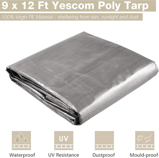 Yescom 9x12ft Heavy Duty Reinforced Poly Tarp Waterproof Tarpaulin 10-mil Ground Sheet Camping Tent Cover with Eyelets Reversible Silver Black Tarps