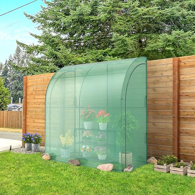 Happygrill Walk-in Greenhouse with 3-Tier Flower Rack, Weatherproof PE Cover & Roll-up Zipper Doors, Lean-to Greenhouse for Garden, Backyard, Balcony