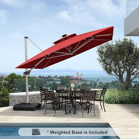 PURPLE LEAF 11 Feet Solar Powered LED Square Cantilever Umbrella With Base Patio Umbrellas Windproof Hanging Outdoor Umbrellas Offset Umbrella, Terra