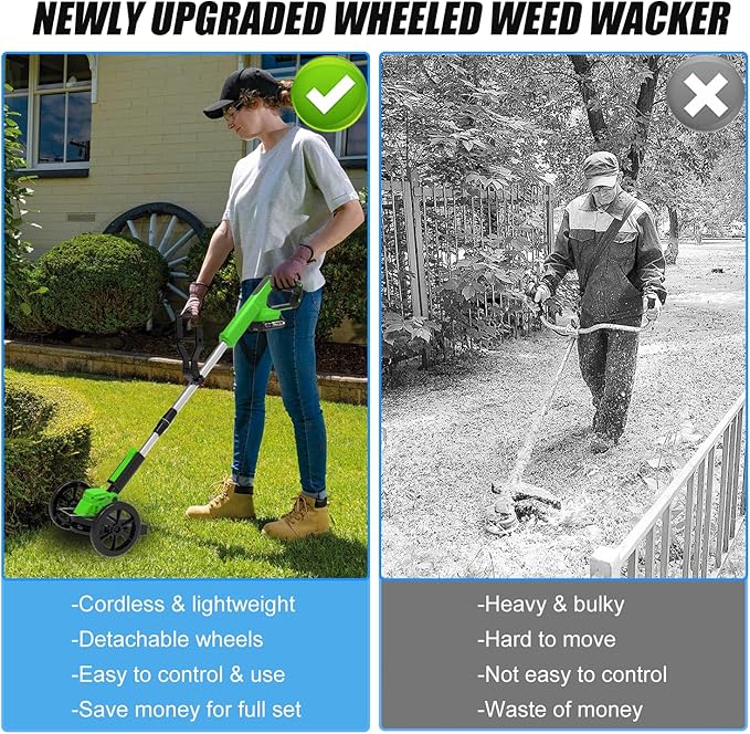 Electric Weed Wacker Cordless Eater Battery Powered Weed Trimmer, with 2Pcs 21V Battery 5 Types Blades Lightweight Grass Trimmer Edger Lawn Tool, Push Wheeled No-String Trimmer for Garden Yard