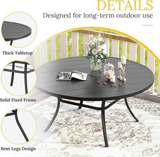 VICLLAX Patio Dining Set for 6, 7 Pieces Outdoor Furniture Includes 53" Round Patio Table with Umbrella Hole and 6 Outdoor Swivel Chairs for Lawn Garden, Black Tabletop and Mixed Brown Fabric