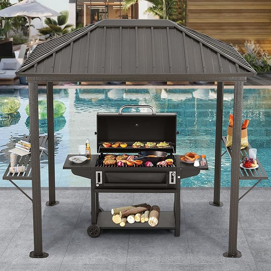 ABCCANOPY 6x8 Grill Hardtop Gazebo - Outdoor Permanent Barbecue Gazebo with Galvanized Steel Roof, Aluminum BBQ Canopy with Shelves for Patio, Lawn, Garden (Single Roof, Gray)