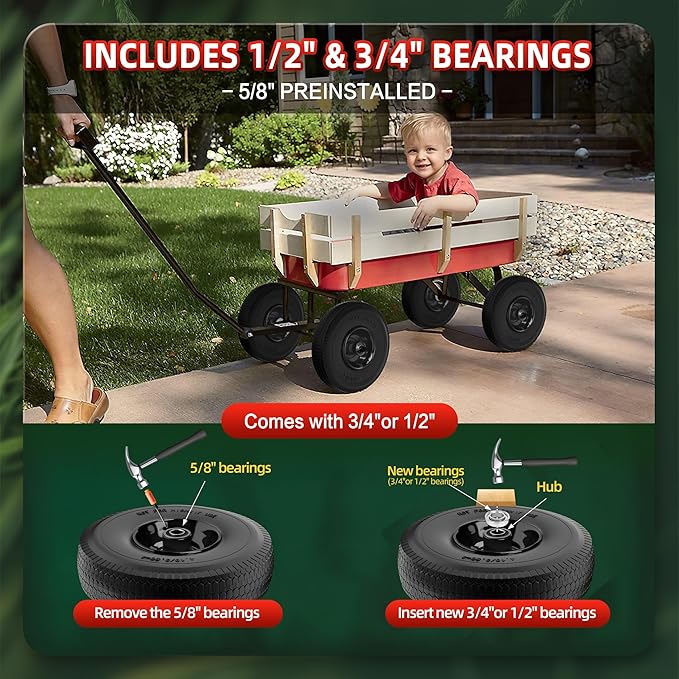 4.10/3.50-4 Tire and Wheel Flat Free,10-Inch Solid Wheel Replacement with 5/8 Extra 3/4 &1/2 Bearings,2.2" Offset Hub -Compatible with Hand Truck,Wheelbarrow,Dolly(Wave,Black)