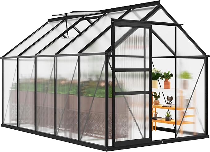 DWVO 6x10FT Polycarbonate Greenhouse Heavy Duty Green Houses Outdoor Aluminum Greenhouses with Sliding Doors Vent Window Walk-in Greenhouse Large Sun House for Garden Backyard, Black