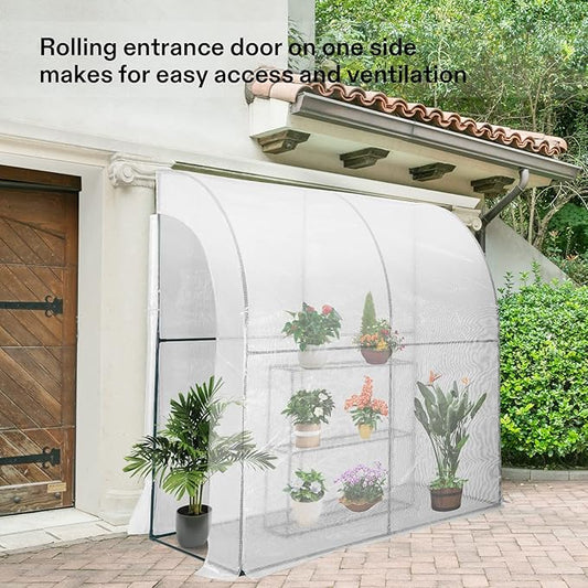 VIVOSUN Mini Lean-to Greenhouse, 6.6’ x 3.3’ x 6.9’ Portable Wall House with White PE Cover and Shelf for Compact Garden 79x39x83-Inch
