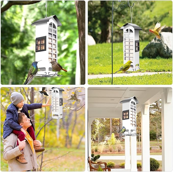 Squirrel Proof Bird Feeder, Metal Bird Feeders for Outdoors Hanging,2LB Large Capacity Gravity Protection Squirrel-Proof Mesh Wild Bird Feeders with Finch Cardinal Chickadee-White