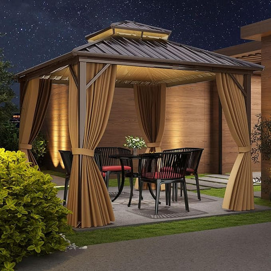 Tangkula 10x10 FT Hardtop Gazebo, Permanent Pavilion Shelter with Netting & Curtain, Heavy-Duty Double Galvanized Metal Roof, Aluminum Frame, Outdoor Gazebo for Patio Garden Deck Lawn Backyard