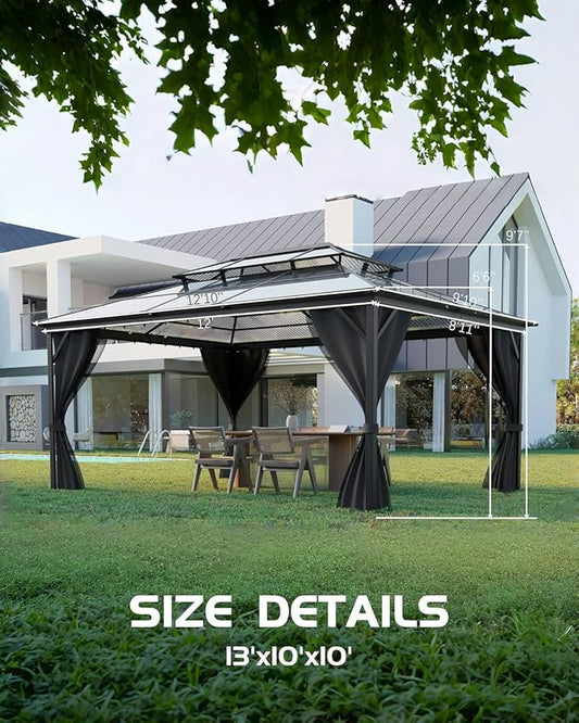 GAOMON Hardtop Gazebo 10'x13', with Double Polycarbonate Roof, Aluminum Alloy Frame, Net, and Curtain, Permanent Building of Backyard Luxury, for Patio, Deck, Backyard, Lawn, and Garden, Gray