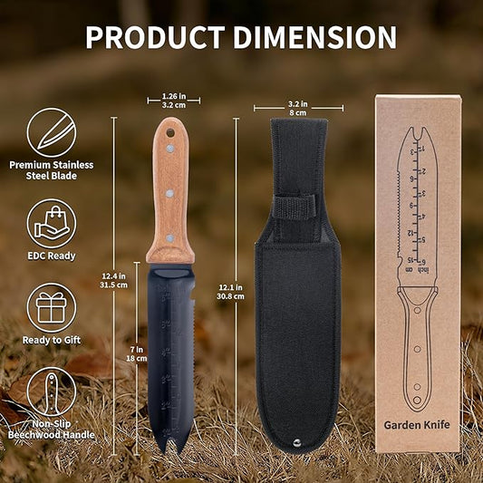 YANG Hori Hori Garden Knife, 7" Stainless Steel Gardening Knife with Oxford Cloth Sheath, Full Tang Beechwood Handle EDC Garden Tool for Dividing Plants & Weeding, Forked Tip for Transplanting
