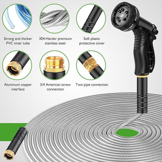 Garden Hose Metal 25FT, Stainless Steel Heavy Duty Water Hose With 10 Function Nozzle, No-Kink, Tough & Flexible, Sturdy and Lightweight, Rust Proof for Yard, Outdoor, RV