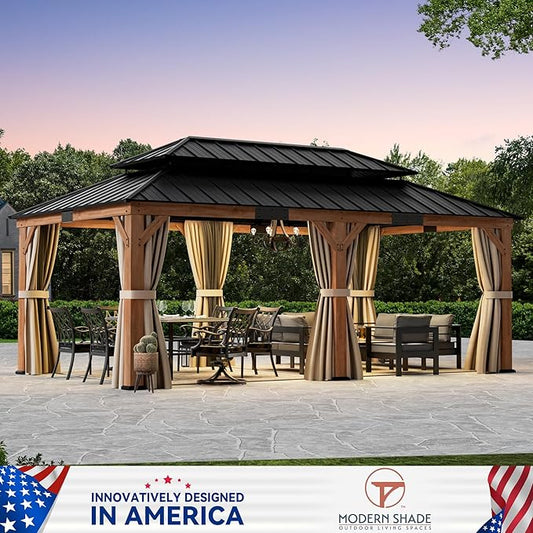 Modern Shade Rosewood Wood Gazebo 12' x 20', Cedar Framed Grill Gazebo with Double Galvanized Steel Roof, Mosquito Netting and Curtains, Permanent Hardtop with Sturdy Hooks for Garden, Backyard, Patio