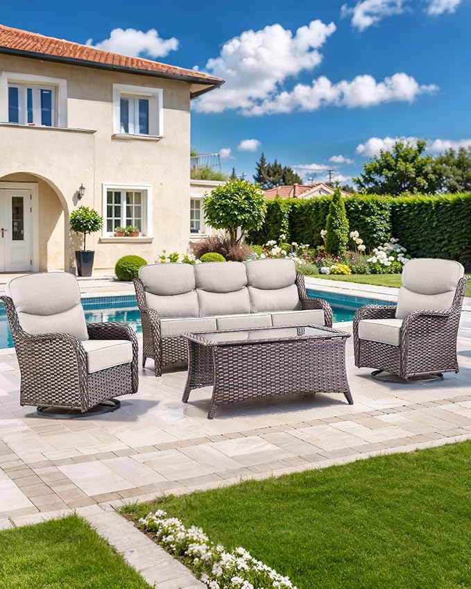 Luxury 22x24/22x25 6-Inch Smile Outdoor Cushions for Patio 5 Piece Set - Set of 5 Zippered Outside Pillows for Wicker Metal Dining Rocking Swivel Chairs Loveseat Couch Sectional Sofa - Beige