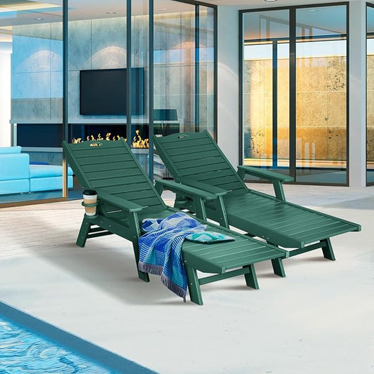 nalone Chaise Lounge Outdoor with 5-Position Adjustable Backrest, HDPE Lounge Chair for Outside Supports Up to 400 LBS, Pool Lounge Chairs for Patio Poolside Deck Beach Backyard (Green)