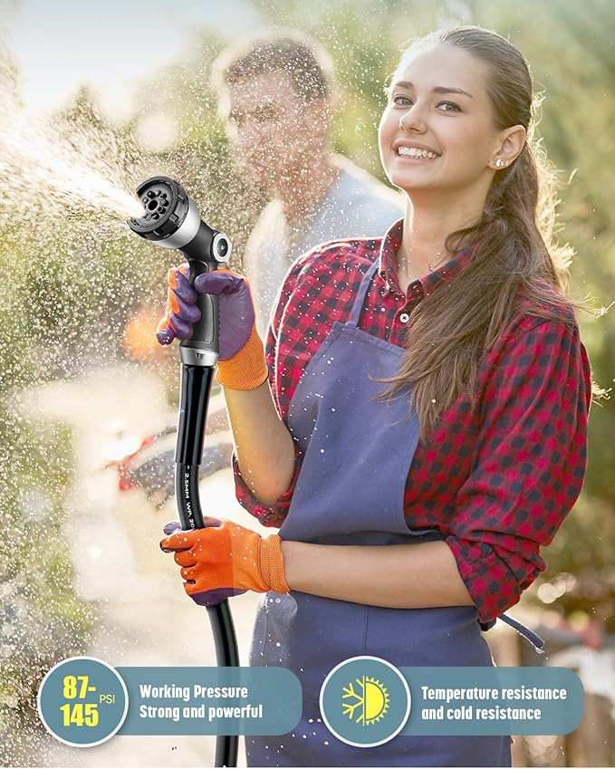 Heavy Duty Garden Hose, 25ft x 5/8" Water Hose, Flexible Hybrid Hose with 10-Pattern Spray Nozzle, Swivel Handle, Male to Female Fittings, Burst 600 PSI