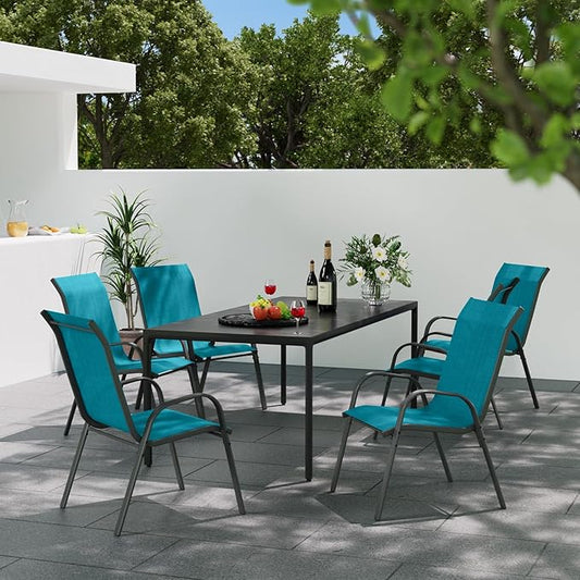 Patio Dining Chairs Set of 6, Stackable Dining Chairs High Back, Breathable Seat Fabric and Alloy Steel Frame Fit Backyard, Porch, Lawn,Poolside (Sky Blue)