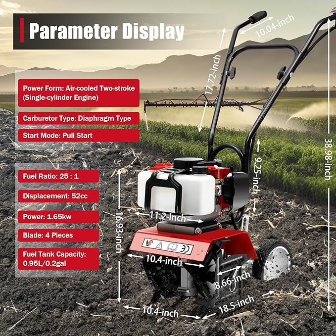Mini Tiller Cultivator, Powerful 52cc Two-Stroke Single-Cylinder Gasoline Engine, Gear Drive Transmission, Height Adjustable Wheels, for Gardening RED