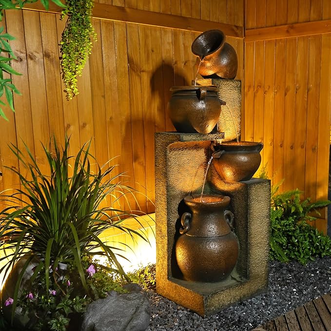 Water Fountain Outdoor Fountain with Lights - 53 Inches 4 Tiered Floor Standing Outdoor Water Fountains and Waterfalls for Garden, Patio, Backyard, Porch Home Art Decor