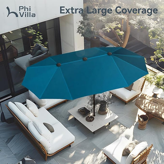 PHI VILLA 13ft Large Patio Umbrellas, Double-Sided Outdoor Market Rectangle Umbrella for Outside, Cyan