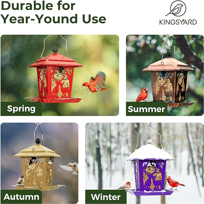 Kingsyard Metal Bird Feeder for Outdoor Hanging - Unique Design Wild Bird Hopper Feeder with 4 Perches and Rainproof Roof, Black