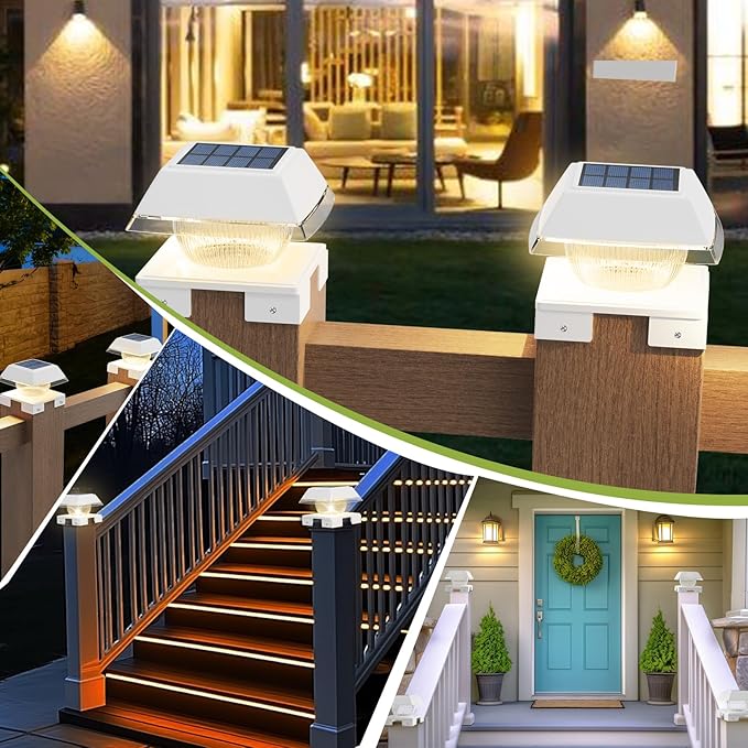 INDARUN Solar Outdoor Post Cap Lights with Cool White & Warm White, 120Lumen, 4x4 Post Solar Lights Fit Fence Deck Posts Caps - 4x4 5x5 6x6 Wood Posts/4x4 Vinyl Posts, for Porch, Patio, Yard Decor