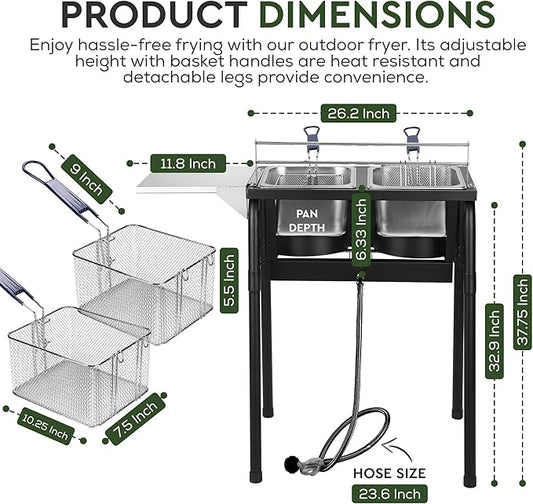 HOMIRA Iron Two-Tank Propane Deep Fryer with Thermometer, 2 Stainless Steel Baskets and Lids Fish Fryer with Adjustable Temperature Regulator, Outdoor Dual Fryer for Frying