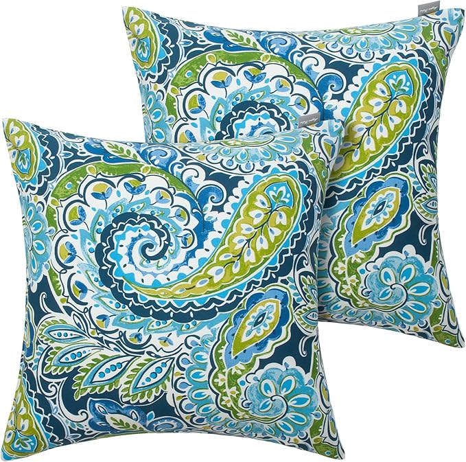 Magpie Fabrcis Pack of 2 Outdoor Waterproof Throw Pillow with Insert 18 x 18 Inch, Christmas Decorative Back Cushion Pad for Garden Patio Tent Balcony Couch Sofa(Paisley Lapis Green)