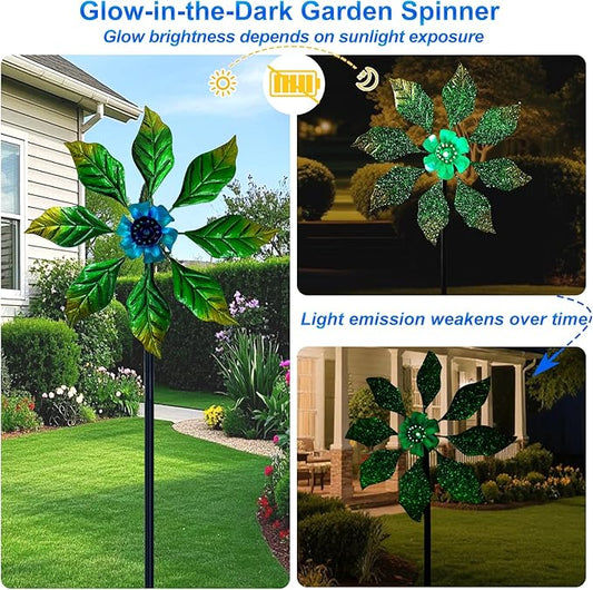 Glow-in-Dark Metal Wind Spinner for Yard and Garden, Outdoor Luminous Wind Spinners Yard Art Garden Decor (13.4" W x 47" H) Blue