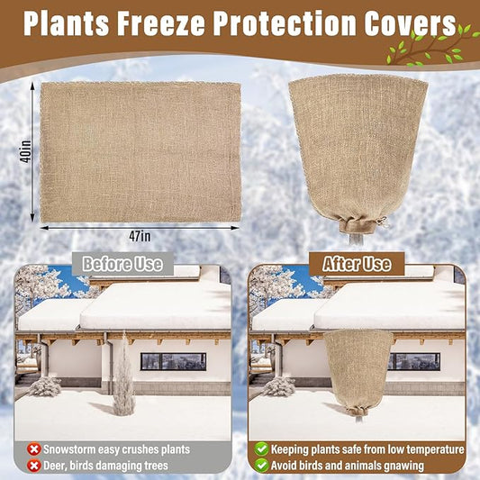 Riare 2 Packs 40 × 47 Inch Burlap Winter Plant Cover Bags with Drawstring- Reusable Large Burlap Sack Plant Frost Protector, Plant Frost Cloth Cold Tree Freeze Blanket for Outdoor Plants Shrubs Fruit