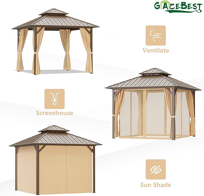 10'x10' Hardtop Gazebo Outdoor Aluminum Patio Gazebo Double Roof Galvanized Steel Canopy with Netting and Curtains,for Garden, Backyard,Deck and Lawns