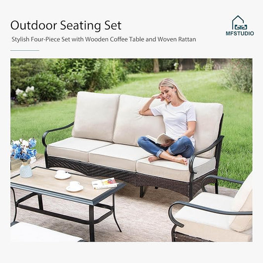 MFSTUDIO 5 PCS Outdoor Patio Furniture Set, Metal Outdoor Conversation Set, Rattan Wicker Patio Sectional Sofa Set with 2 x Rocking Single Sofa, 2-Seat and 3-Seat Sofa, 1 x Coffee Table, Beige
