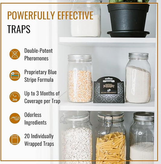 Dr. Killigan's Premium Double Potent Pantry Moth Traps with Pheromones Prime, Sticky Indian Meal Moth Traps for Kitchen, How to Get Rid of Moths in House (20 Pack, Black)