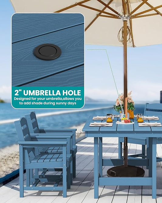 SERWALL 8-Piece Patio Dining Sets with 15FT Double Side Patio Umbrella, Outdoor HDPE Dining Furniture Set with Umbrella Hole Cut-Out Table and 6 Chairs, Blue(Umbreall Base not Included)