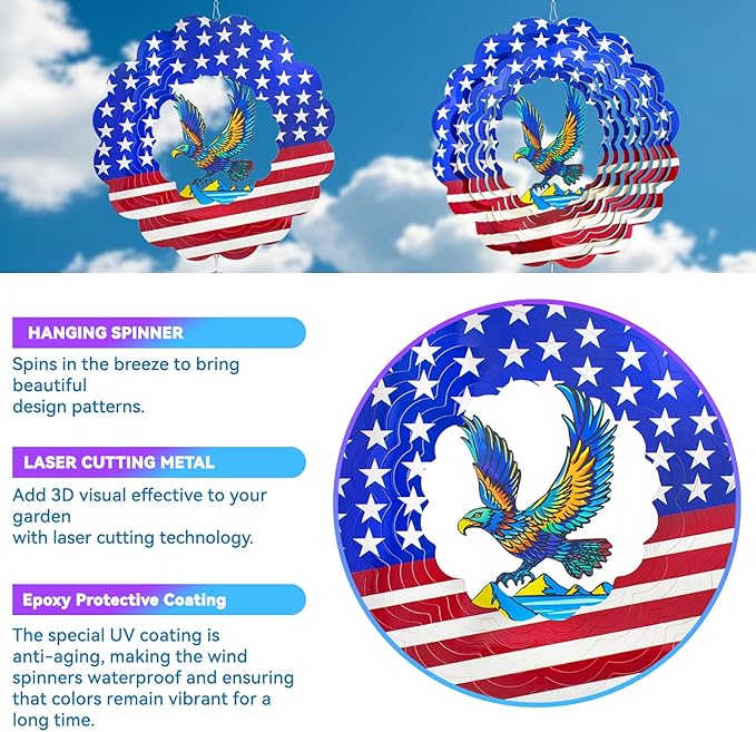 Wind Spinners,12 inch American Eagle with 360° Swivel Hook for Yard and Garden, Bird Wind Catcher, Metal Wind Spinners Outdoor for Lawn Hanging Crafts Decor Kinetic Yard Art Ornament Gifts