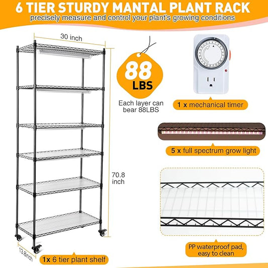 Meonum Plant Shelf with Grow Lights, 5.9FT 6 Tier DIY Metal Grow Rack, Indoor Greenhouse with 90W LED Full Spectrum Growing Lamps, Mechanical Timer, PP Waterproof Pads for Indoor Seed Starting