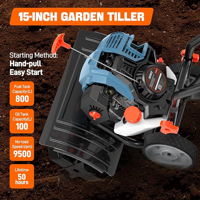 SENIX 4QL 4-Cycle Gas Powered Tiller Cultivator, 46cc Full Crank Engine, 15-Inch Tilling Width, 8-Inch Tilling Depth, Easy Start, Foldable Handles for Compact Storage (TL4QL-L1)