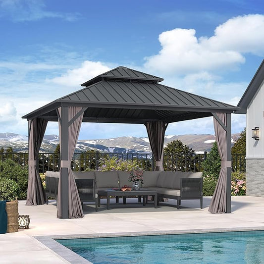 PURPLE LEAF 12' X 12' Permanent Hardtop Gazebo Outdoor Aluminum Gazebo with Galvanized Steel Double Roof for Patio Lawn Garden Aluminum with Netting and Curtains Grey